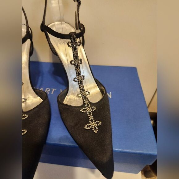 (image for) Stuart Weitzman Black Satin Crystal Rhinestone Jeweled T-strap Pumps Sz.8 $425